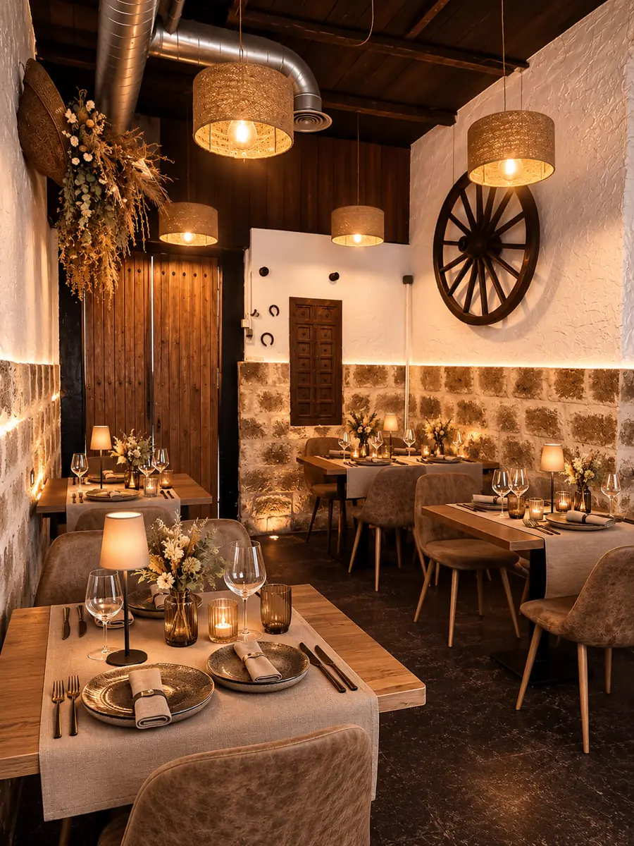 Interior de Restaurante D'Cortés, ambiente cálido de piedra y madera